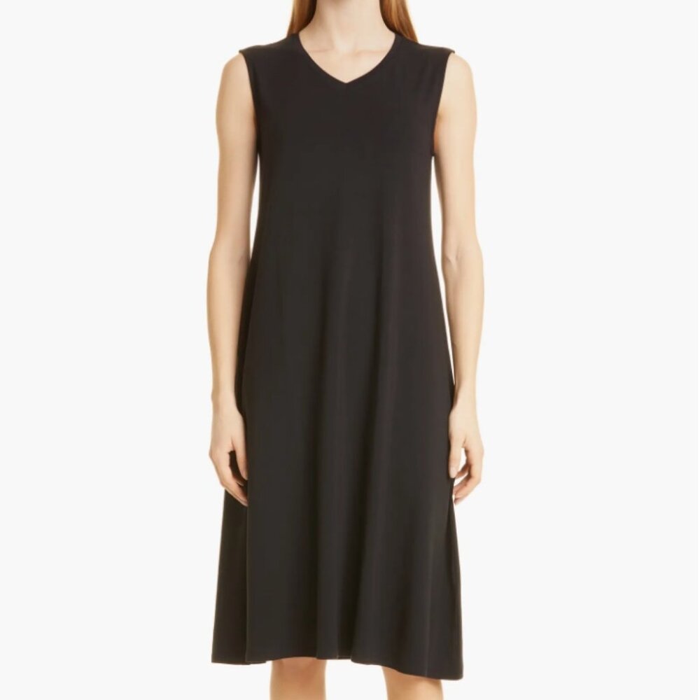 Minimalist Capsule Eileen Fisher V-Neck Stretch Jersey Shift Dress NWT XS (2-4)